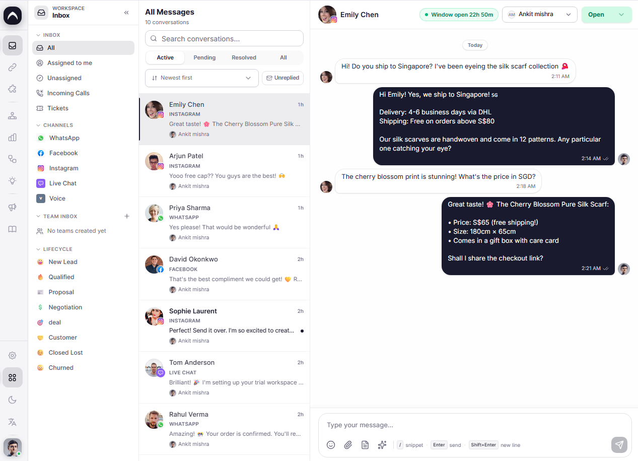 Lamdesk inbox dashboard with channel navigation, conversation list, and active customer chat